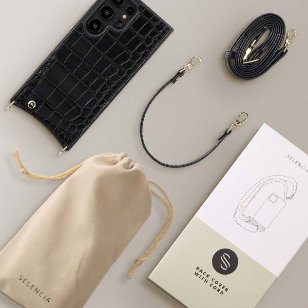 Selencia Cover per telefono Nova Croco con cordino e portacarte Samsung Galaxy S24 Ultra - Nero