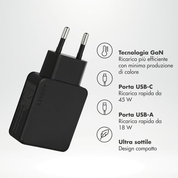Accezz Caricabatterie GaN Ultra Slim - USB-C + USB-A - 45 W - Nero