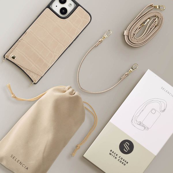 Selencia Cover per telefono Nova Croco con cordino e portacarte Apple iPhone 15 - Beige