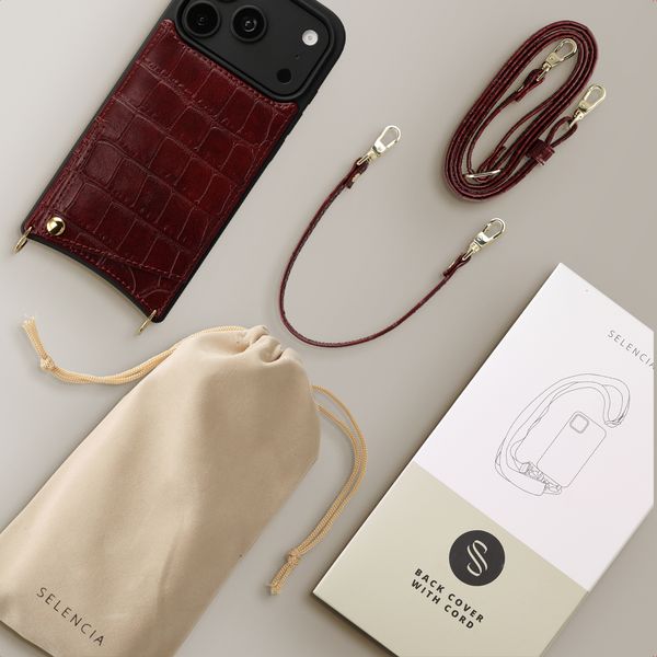 Selencia Cover per telefono Nova Croco con cordino e portacarte Apple iPhone 18 Pro Max / 17 Pro Max - Burgundy