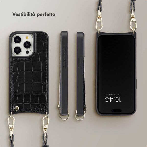 Selencia Cover per telefono Nova Croco con cordino e portacarte Apple iPhone 15 Pro - Nero