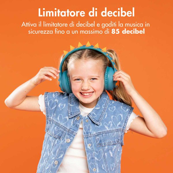 imoshion Cuffie Bluetooth Kids Dino - Cuffie per bambini con limitatore di decibel - Cuffie wireless + cavo AUX - Petrol Green / Orange