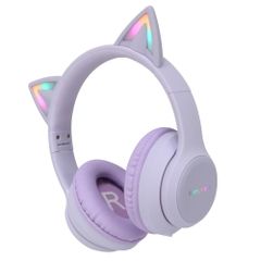 imoshion Cuffie wireless per bambini LED Light Cat Ear - Limitatore di Decibel - Con cavo AUX - Lavender Lilac