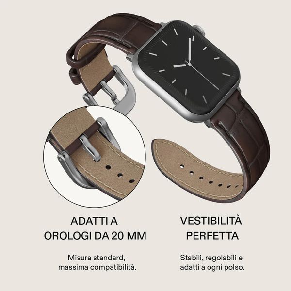 Burga Cinturino in vera pelle  - Apple Watch | 44/45/46/49 mm / Attacco universale 20 mm - Espresso / Silver