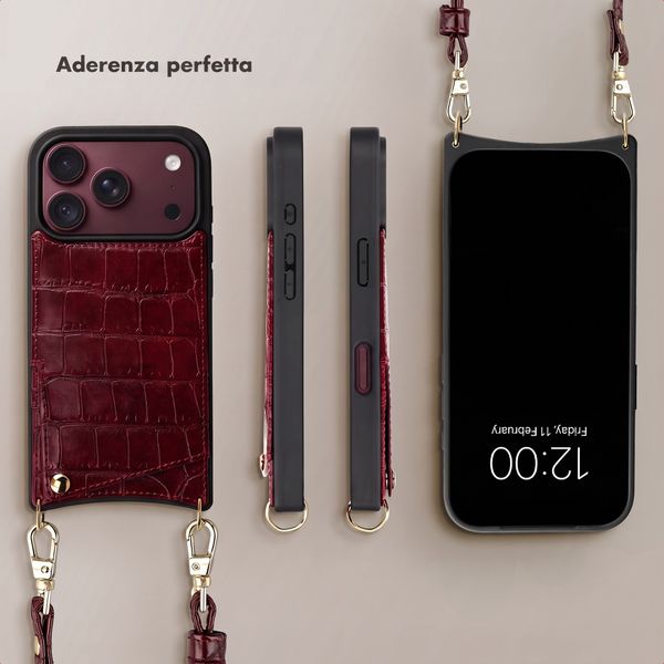 Selencia Cover per telefono Nova Croco con cordino e portacarte Apple iPhone 18 Pro Max / 17 Pro Max - Burgundy