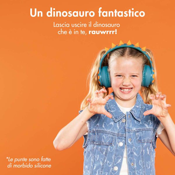 imoshion Cuffie Bluetooth Kids Dino - Cuffie per bambini con limitatore di decibel - Cuffie wireless + cavo AUX - Petrol Green / Orange