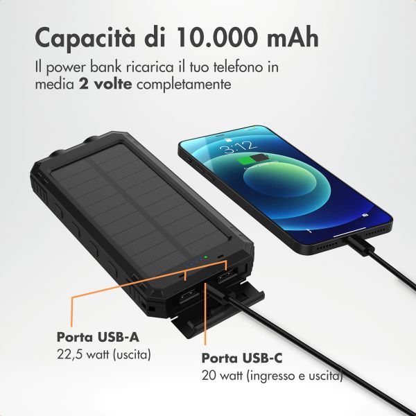 imoshion Powerbank solare da 10.000 mAh – powerbank wireless a energia solare – Quick Charge e Power Delivery – Nero