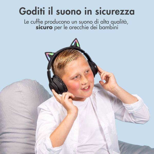 imoshion Cuffie wireless per bambini LED Light Cat Ear - Limitatore di decibel - Con cavo AUX - Nere