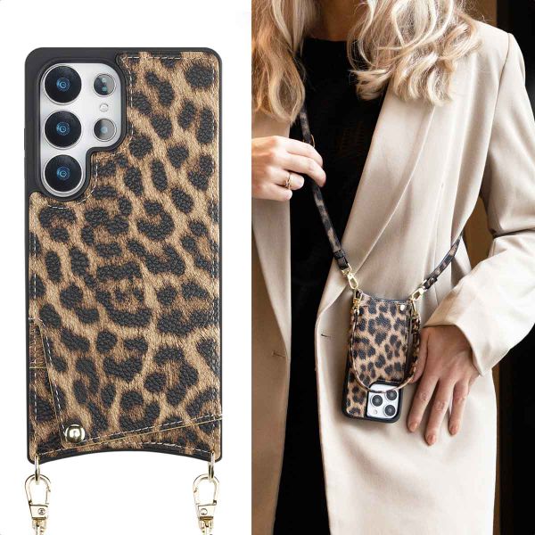 Selencia Cover per telefono Nova con cordino e portacarte Samsung Galaxy S25 Ultra - Leopard