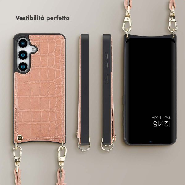 Selencia Cover per telefono Nova Croco con cordino e portacarte Samsung Galaxy S25 - Old Pink