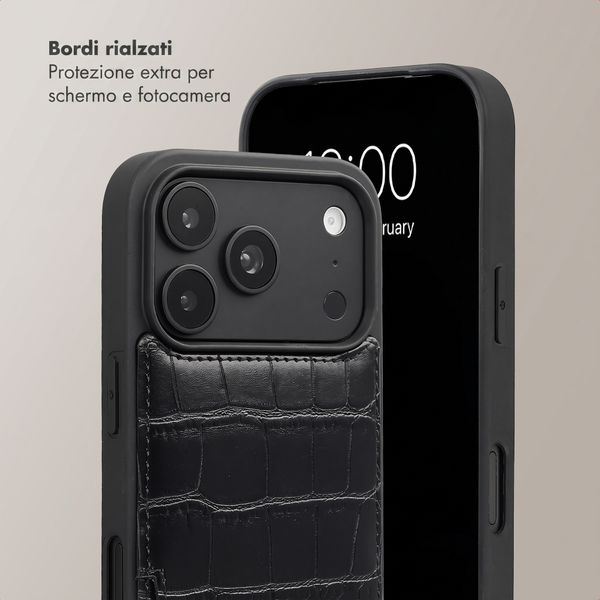 Selencia Cover per telefono Nova Croco con cordino e portacarte Apple iPhone 18 Pro / 17 Pro - Nero