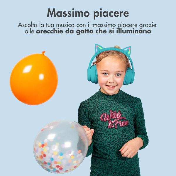 imoshion Cuffie wireless per bambini LED Light Cat Ear - Limitatore di decibel - Con cavo AUX - Azzurro