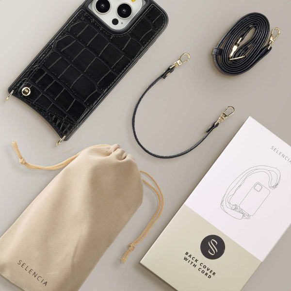 Selencia Cover per telefono Nova Croco con cordino e portacarte Apple iPhone 15 Pro - Nero