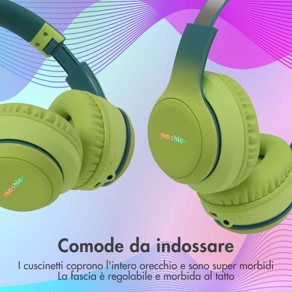 imoshion Cuffie wireless per bambini LED Light - Limitatore di decibel - Con cavo AUX - Petrol Green / Lime